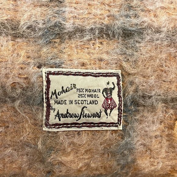 VTG 1960s Andrew Stewart Mohair Scarf Peach Blue Plaid Scotland Fringe - Picture 2 of 6